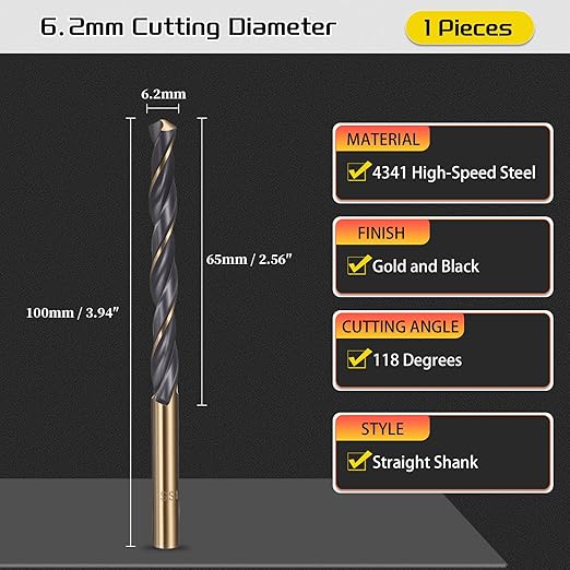 Drill Bit, 6.2mm Cutting Diameter, 4341 HSS Gold and Black 118° Cutting Angle Number Jobber Bits - (Applications: for Drilling Soft Metal Plastic Wood), 1-Pieces