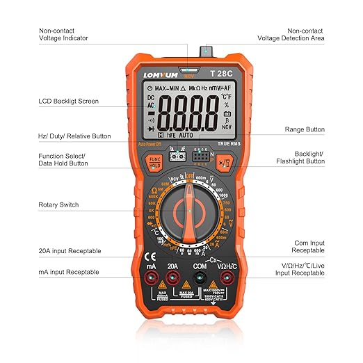 Lomvum Digital Multimeter 6000 Counts TRMS Auto-Ranging Portable Multimeter with AC DC Voltmeter and Ohmmeter Tester，Measures Voltage Current Capacitance Resistance Temperature Frequency Diode (T6)