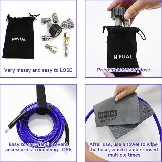 NIFUAL 200FT Sewer Jetter Kit for Pressure Washer, 5800PSI Drain Cleaner Hose 1/4 Inch NPT Corner, Rotating and Button Hose Sewer Jetting Nozzle Waterproof Tape Pearl Corsage Pin Spanner Glove