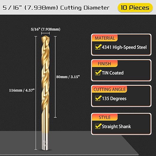 Drill Bit, 5/16" Cutting Diameter, 4341 HSS TiN Coated 135° Cutting Angle Jobber Bits - (Applications: for Drilling Soft Metal Plastic Wood), 10-Pieces