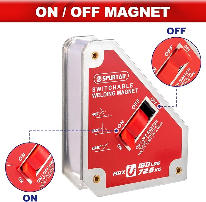 Spurtar Switchable Welding Magnets 160 Lbs On/Off Magnet and Clamps, Strong Welding Holder Tools and Accessories, Holder 45°, 90°, 135° Angle