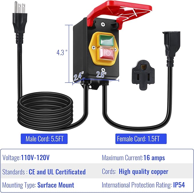 Dreyoo 1 Pack 120/230V Single Phase On/0ff switch, 120V 2HP Router Table Switch with Large Stop Sign Paddle Easy Contact for Fast Power Off for Table Saw and Other Electrical Equipment (1 Female Plug)