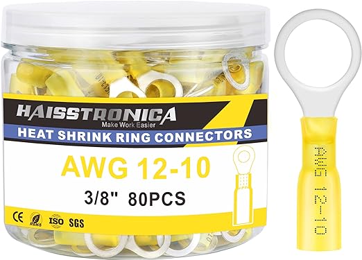 haisstronica 80PCS Heat Shrink Ring Terminals 3/8" Marine Grade Wire Connectors Yellow AWG 12-10 Gauge, Tinned Red Copper 1mm Resistant Ring Connectors, Brazed-Seam Insulated Electrical Crimp