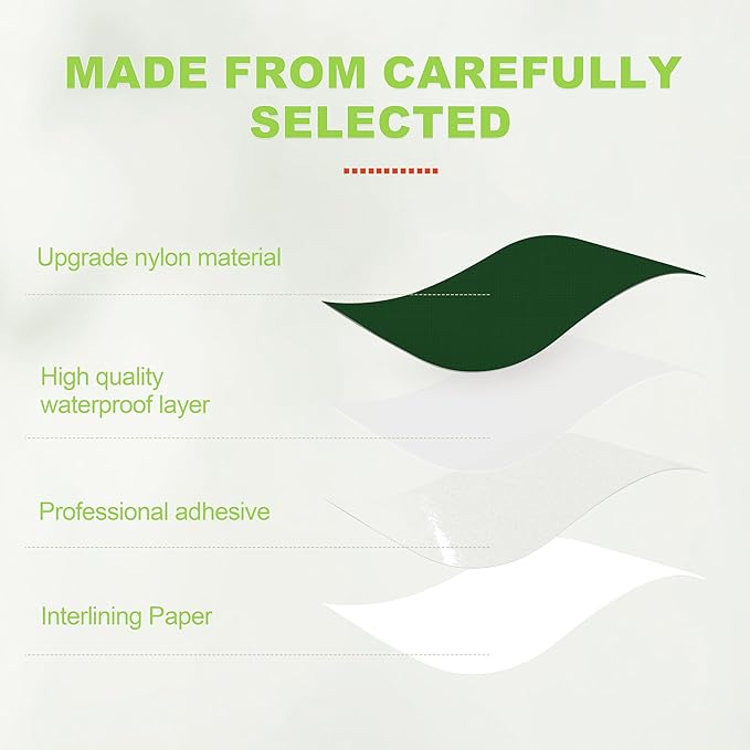 7x9in Nylon Repair Patch，Tent Repair Kit，Self Adhesive Waterproof Fabric Repair Tape for Tent, Umbrella, Sleeping Bag, Down Jackets,Knapsack.（Dark Green,6ps）