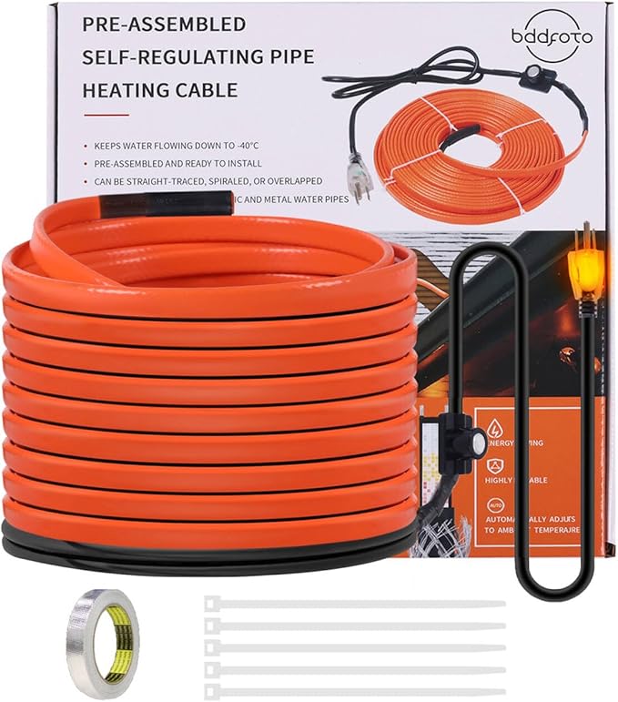 12FT Heat Tape for Water Pipes Freeze Protection IP65 Waterproof 7W/FT 110V BDDFOTO Water Pipe Heat Cable With Thermostat Self-Regulating Pipe Heater for House Garden/RV Camper