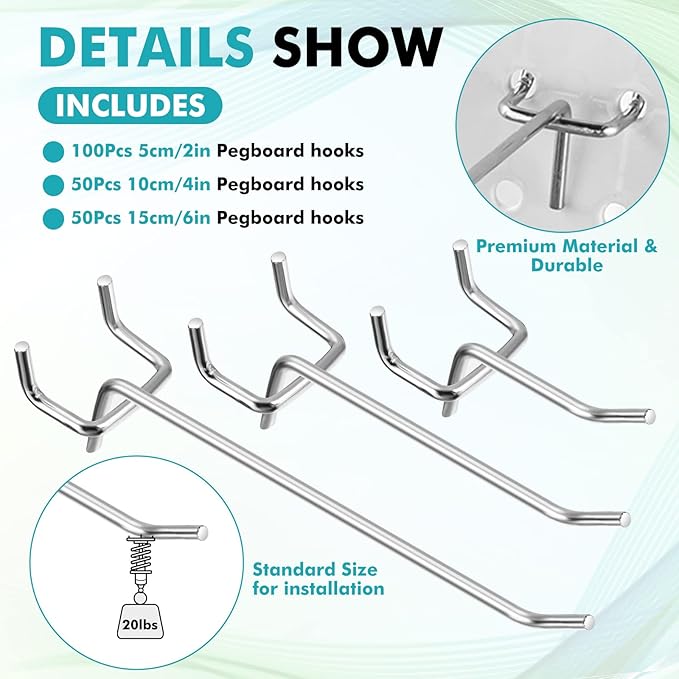 Hicarer 200 Pcs Stainless Steel Pegboard Hooks Multiple Sizes Fit 1/4" or 1/8" Pegboard Ideal for Garage Tool Organization, Wall Storage(2 Inch, 4 Inch, 6 Inch)
