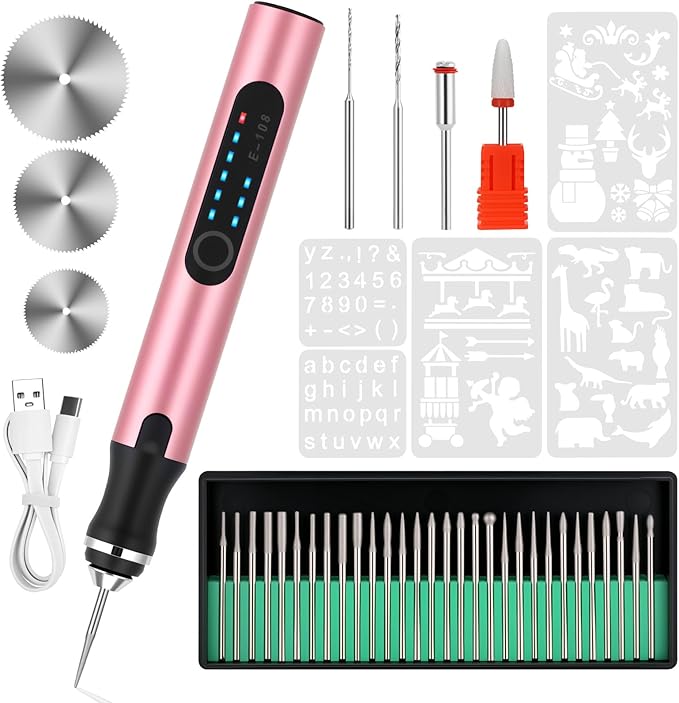 Electric Engraving Pen with 37 Bits, USB Rechargeable Cordless Etching Engraving Tool, Portable DIY Rotary Engraver for Jewelry Wood Glass Stone Carving (Rose Red)