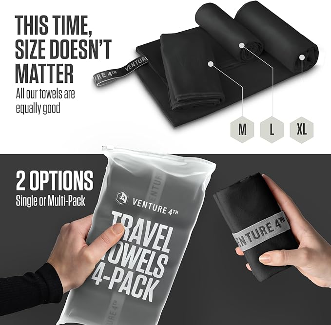 VENTURE 4TH - 4pcs Quick Dry Towels. Microfiber Travel Towels. Lightweight & Fast Drying Travel Towels for Body. Compact & Easy to Pack - 4 Pack Black Medium