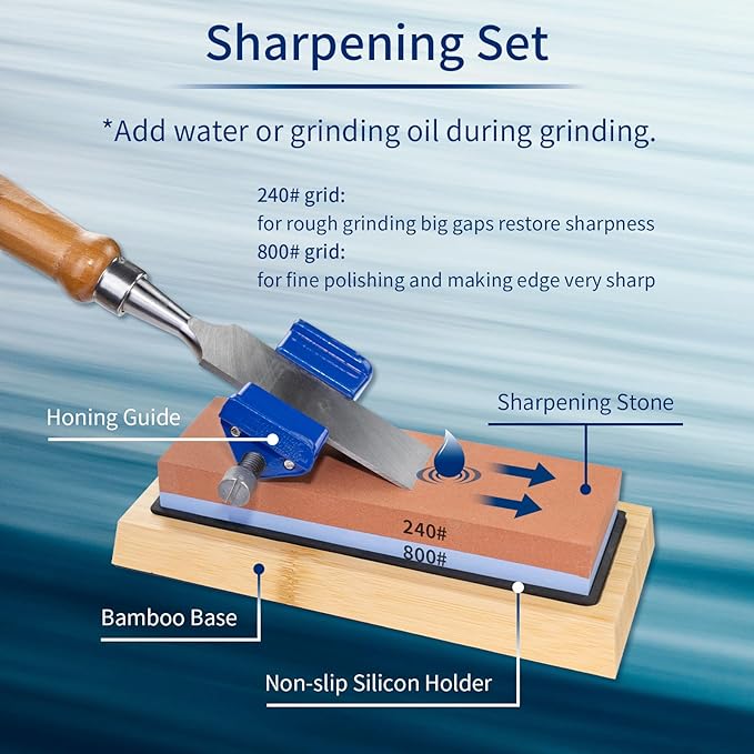 Professional Wood Chisel Set, 8pcs Woodworking Chisel Set with 1pcs Honing Guide, 1pcs Sharpening Stone