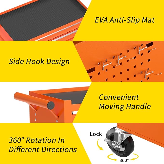 On Shine 8 Drawer Rolling Tool Chest, Large Capacity Rolling Tool Box with Wheels, Locking Mechanical Tool Chest, Portable Tool Box with Sliding Drawers,Metal Tool Box for Garage Workshop (Orange)