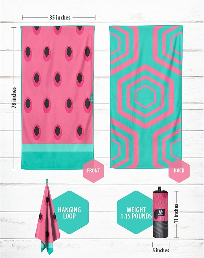 VENTURE 4TH Microfiber Beach Towel: Quick-Dry, Compact, Sand-Free, Absorbent, Sandproof and Lightweight - Perfect for Camping, Beach, and Roadtrips (Watermelon Design | 35x78 inches)