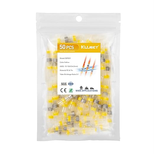 Kuject 50PCS Solder Seal Wire Connectors AWG 12-10, Yellow Solder Seal Heat Shrink Butt Connectors Terminals Solder Sleeve Waterproof Wire Splice Connector for Marine Boat Wire Joint