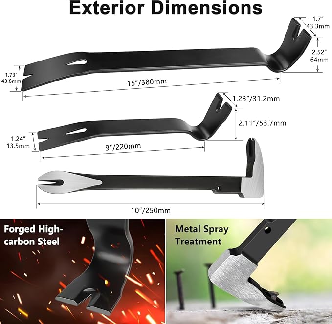 Lytool Nail Puller & Cats Paw Pry Bar, Heavy Duty Cat's Claw Nail Remover with Forged CR-V Steel, Angled Chisel Tip & Non-Slip Grip for Home Renovation, Woodworking & DIY Projects (9,10,15 inch)
