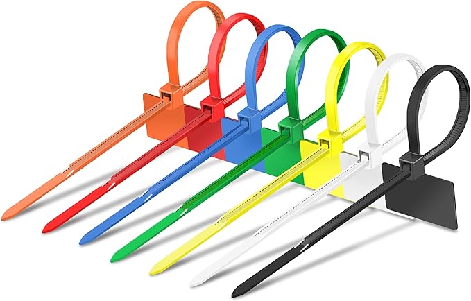 Cable Zip Tie with Tag,Wire Zip Ties with Label,200 Pcs 8 inch Plastic Nylon Cable Ties,Multi Color Self-Locking Write on Tie Wraps