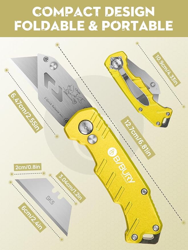 Utility Knife, BIBURY Upgraded Version Heavy Duty Box Cutter, Pocket Carpet knife with 10 Replaceable SK5 Stainless Steel Blades, Belt Clip, Easy Release Button, Quick Change and Safety Lock-Yellow