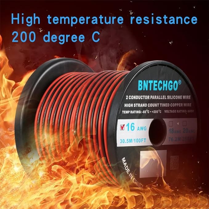BNTECHGO 16 Gauge Flexible 2 Conductor Parallel Silicone Wire Spool Red Black High Resistant 200 deg C 600V for Single Color LED Strip Extension Cable Cord,Model,100ft Stranded Tinned Copper Wire