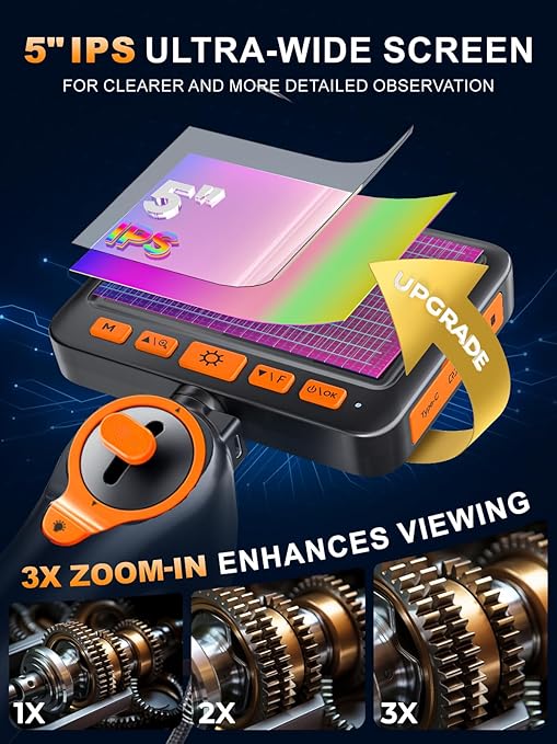 Articulating Borescope Camera with Light, 210° Dual-Direction Inspection Scope with 5" 1080P Screen, 6.2mm IP67 Waterproof Probe, 6 LED Lights, 3X Zoom, for Automotive, Sewer, Plumbing, HVAC