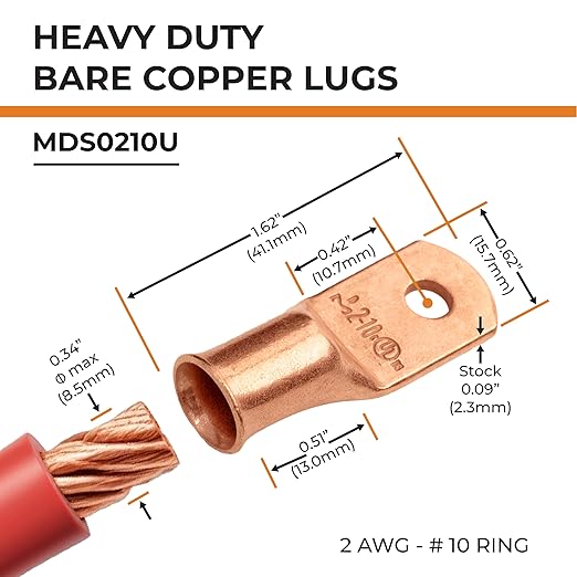 SELTERM 10pcs 2 AWG - #10 Stud Battery Lugs, Heavy Duty Wire Ring Terminals, Cable Ends, 2 Gauge UL Bare Copper Eyelets Electrical Terminal Connectors