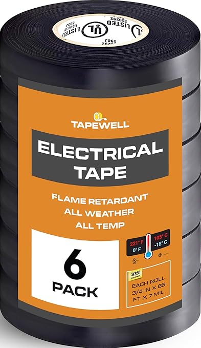 Black Electric Tape - Professional Grade - 3/4 inch x 66ft - PVC Electrical Insulating Tape for All Weather - U/L Approved - Waterproof - Home Improvement Electrical Equipment - Pack of 6