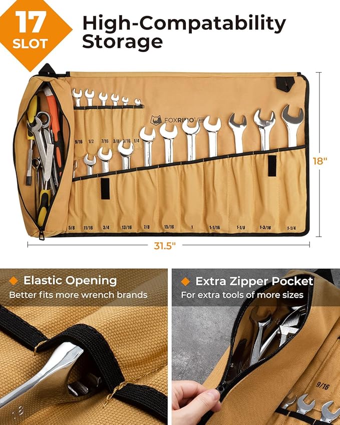Wrench Roll, Wrench Roll Up Pouch, Gifts for Men Father Dad Mechanic, Heavy Duty Canvas Wrench Organizer Bag (Brown, 17+1 SAE)