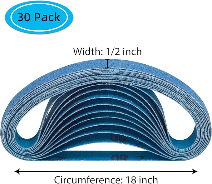 30 Pcs 1/2" x 18" Zirconia Sanding Belts, 80 Grit 1/2x18 Inch Sanding Belts for Air File Belt Sander, Zirconia Belt Sander Belts for Metal Polishing (1/2x18in, 80 Grit)