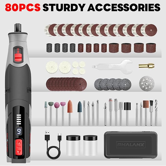 PHALANX Cordless Rotary Tool Kit, 4V 4000mAh Battery, 80 Accessories, 9 Speed Settings, 28000 RPM Max, Type-C Charging (PRT-Black)