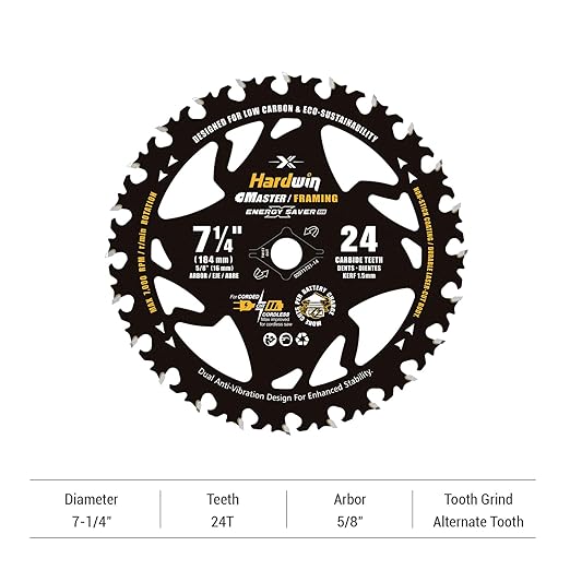 7 1/4 Inch Framing Circular Saw Blade-1Pack, 24T ATB Carbide Teeth, Lightweight for Cordless Saws. Super Thin Kerf for Cutting Wood, Plywood, MDF, OSB, Hardwood, Softwood & More.