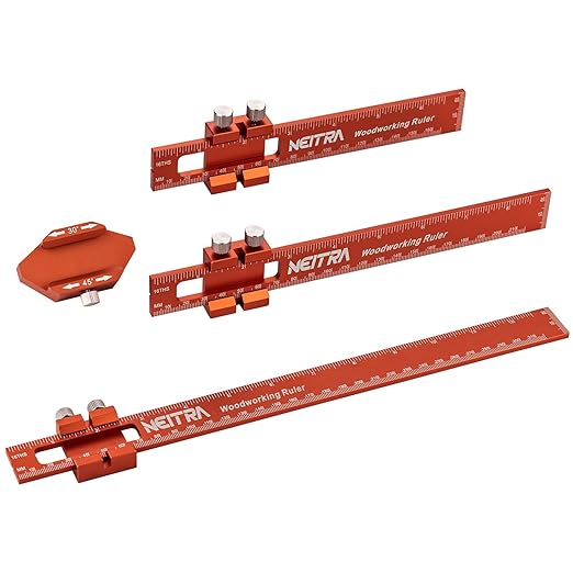 Woodworking Ruler, Neitra 3PCS (6/8/12 Inches) Metal Pocket Rule with a 45° & 30° Slide Stop for Measuring Precision, Slide Stop Aluminum Rule for Marking Inch and Metric T-Type Scribing Rulers Square