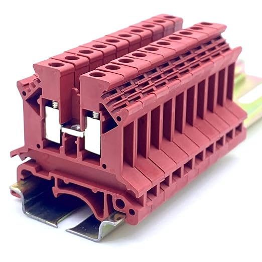 Erayco UK2.5B-WR DIN Rail Terminal Block, Screw Clamp, 600V 20A 24-12AWG, Pack of 100 (Red)