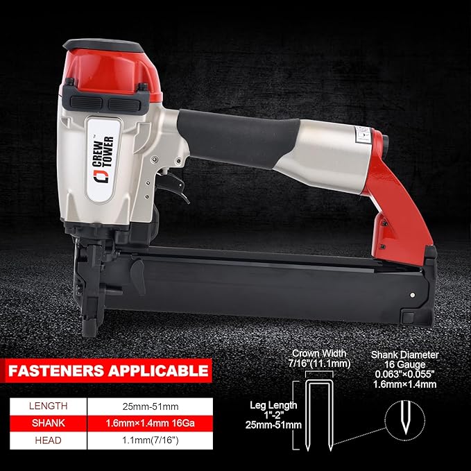 Crown Stapler, 16 Gauge 7/16-inch Pneumatic Medium Air Staple Gun for Fence Vinyl Siding Furniture Wood Pallets Crate Assembly Cabinets Framework