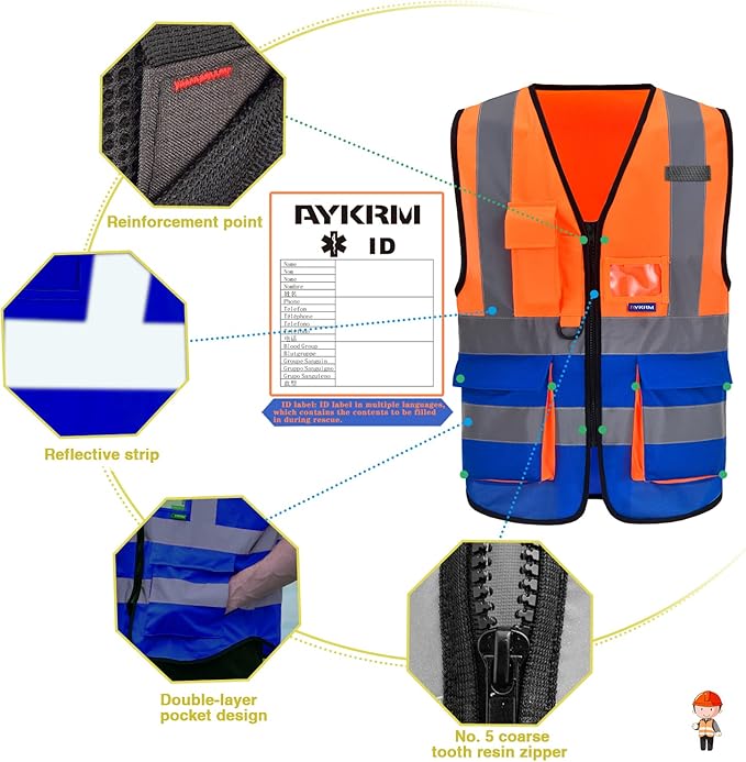 Orange Blue XSMALL High Visibility REFLECTIVE WORK Safety Vest with zipper Reflective Strips 7 Pockets