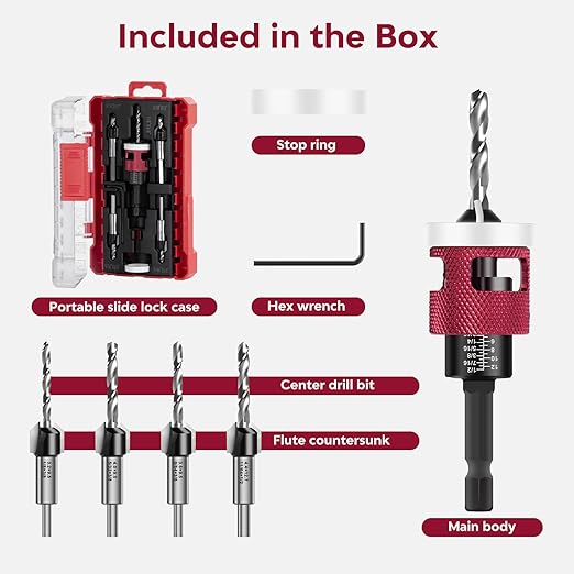 Countersink Drill Bit Set for Wood,7 PCS Counter Sink Drill Bit with HSS Tapered Drill Bits and 1/4" Hex Shank Quick Change for Woodworking with Storage Box