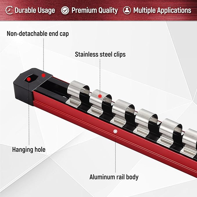 ALOANES 3-Piece Magnetic Socket Organizer, Heavy Duty Aluminum Socket Rails Organizer with 33 Stainless Clips (1/2-Inch) - Red