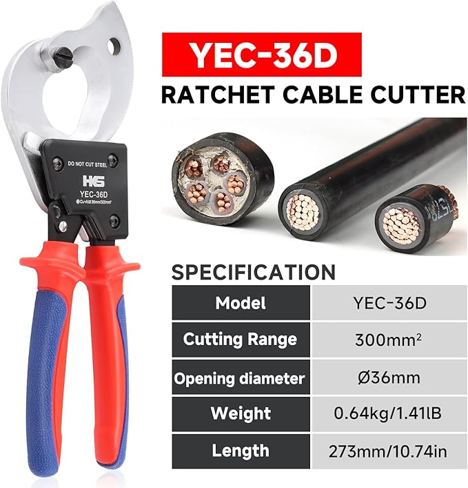 HKS Ratchet Cable Wire Cutter Heavy Duty for Cutting Electrical Aluminum Copper and Multi-core Cables up to 300mm² YEC-36D Chrome-plated VER