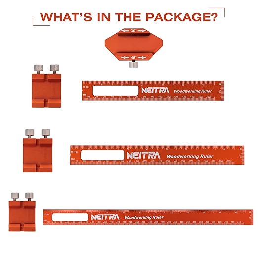Woodworking Ruler, Neitra 3PCS (6/8/12 Inches) Metal Pocket Rule with a 45° & 30° Slide Stop for Measuring Precision, Slide Stop Aluminum Rule for Marking Inch and Metric T-Type Scribing Rulers Square