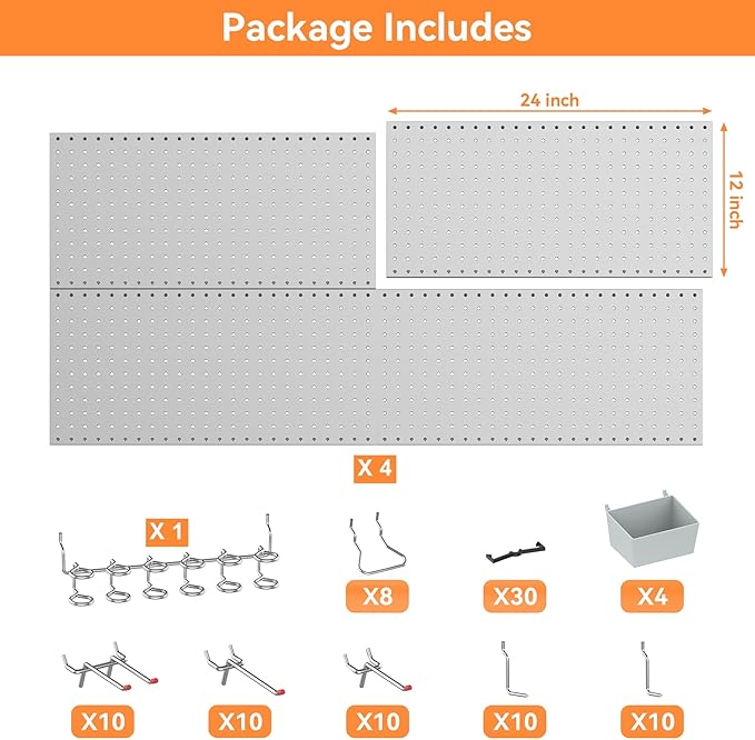 WALMANN Metal Pegboard Kit with Accessories for Wall Garage Tools Storage Pegboard System for Garage, Workbench, Modular Peg Board Tool Organizer Board with Hooks(Grey)