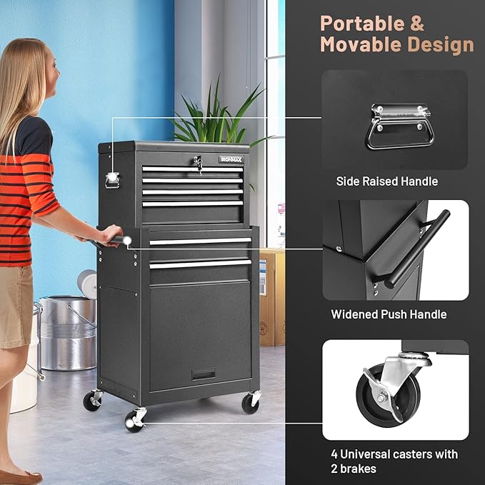 S AFSTAR 6-Drawer Rolling Tool Chest, High Capacity Tool Storage Cabinet with 4 Hooks, Locking System and Universal Wheels, 2-in-1 Detachable Large Toolbox for Garage Workshop (Black)