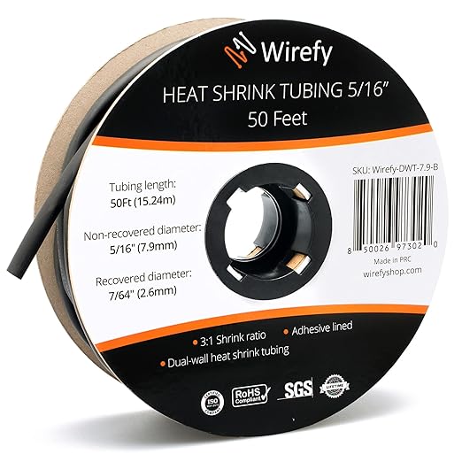 Wirefy 5/16" Heat Shrink Tubing - 3:1 Ratio - Adhesive Lined - a resistant Heat Shrink - Black - 50 Feet Roll
