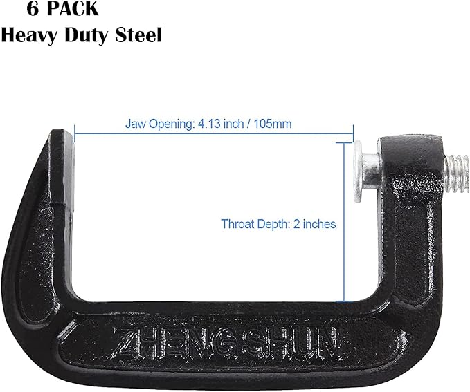 6 PCS Heavy Duty Steel C-Clamps - 4 Inch, Malleable Iron, Black, Set of 6 for Woodworking, Welding, Building