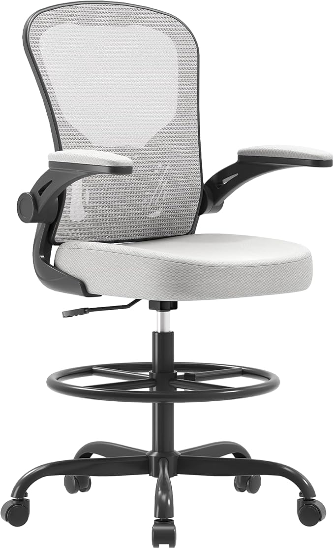 Synorla Ergonomic Drafting Chair, Tall Office Chair with Flip-up Armrests, Breathable Mesh High Desk Chair with Lumbar Support Adjustable Footrest Ring for Standing Desk, Home Office Studio