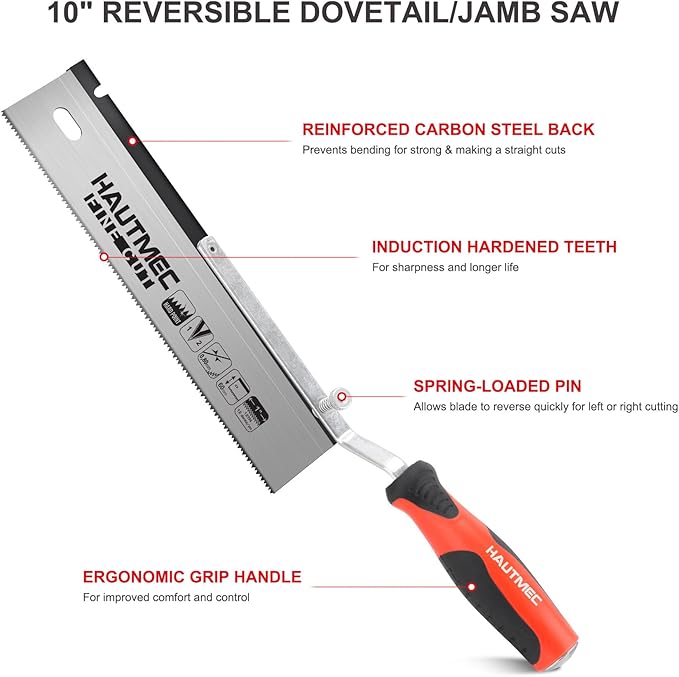 HAUTMEC 10" Reversible Dovetail Saw, Pro Flush Cut Jamb Saw, 12TPI Double Ground Teeth with Cranked Handle, Dual-Side Cutting Handsaw for Door Frames, Trim, and Flooring Installation – HT0234