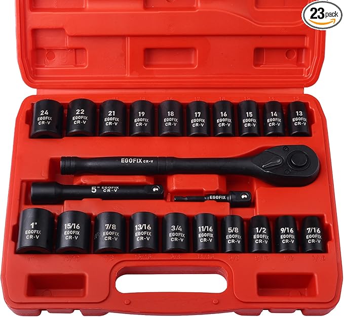 1/2" Drive Impact Socket Rachtet Wrench Set, 23 Piece Metric (13-19, 21, 22, 24mm) and SAE (7/16 to 1 inch) Tool Set with Storage Box for Auto Repairing