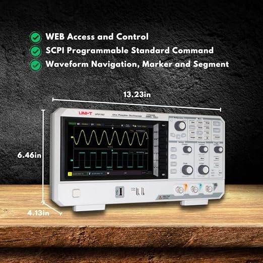 UNI-T UPO1202 200MHz 2Ch DSO Ultra Phosphor Digital Oscilloscope 1 GSa/s Memory Depth 56 Mpts 500,000 wfm/s 7in Display 1Mpts FFT Sampling Points