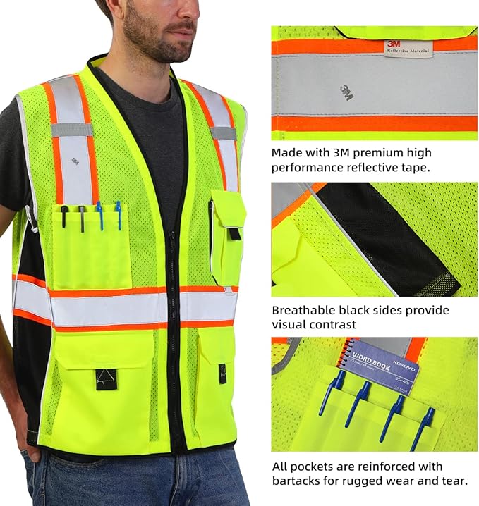 Dib Safety Vest Reflective Yellow Mesh, High Visibility Vest with Pockets and Zipper, ANSI Class 2 Heavy Duty, Made with 3M Reflective Tape 2XL