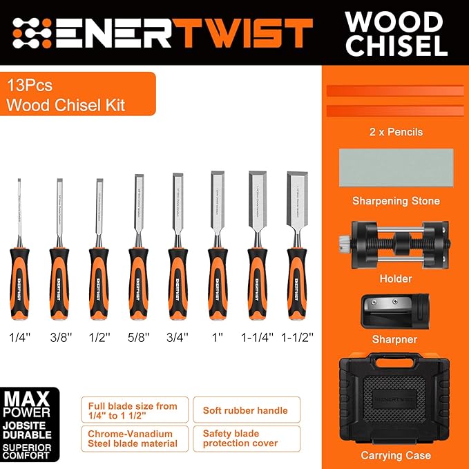 ENERTWIST 13pcs Wood Chisel Set, Premium Woodworking Chisel Sets w/ 8 CRV Construction Wood Chisels, 1 Sharpening Stone, 1 Honing Guide, 2 Carpenter Pencils, 1 Sharpener for Wood Carving in Hard Case