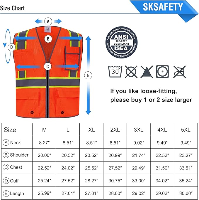 SKSAFETY 10 Pockets Safety Vest, Class 2 High Visibility Security with Zipper Double-sided mesh, Hi Vis Vest with Reflective Strips, ANSI/ISEA Standard, Construction Work Vest （Orange, M）