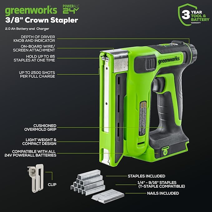 Greenworks 24V Cordless 3/8 in Crown T50 Stapler with 2Ah Battery and 2A Charger