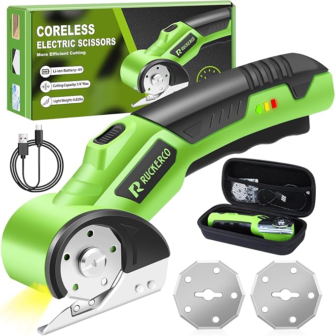 Cordless Electric Scissors Box Cutter 2 Rotary Blades – 4V Duty Rechargeable Cardboard Cutter, Storage Box & Fabric Scissor With Safety Lock, USB Cable – For Plastic, Carpet, Leather, DIY Crafts