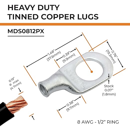SELTERM 25pcs 8 AWG 1/2" Stud Marine Grade Tinned Copper Battery Cable Lugs, 8 Gauge Ring Terminals, UL Wire Lugs Electrical Battery Cable Ends, Tinned Copper Lugs Battery Terminal Connectors
