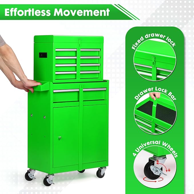 5-Drawer Rolling Tool Chest with Wheels - Large Tool Storage Cabinet with Detachable Toolbox for Repair Room,Warehouse - Rolling Tool Box with Hooks,Liners, Green